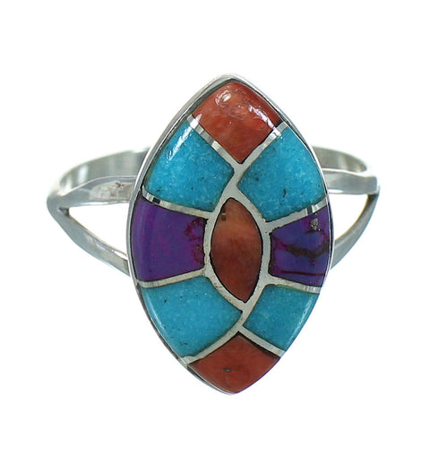 Multicolor Inlay Southwest Sterling Silver Ring Size 7-3/4 QX71007