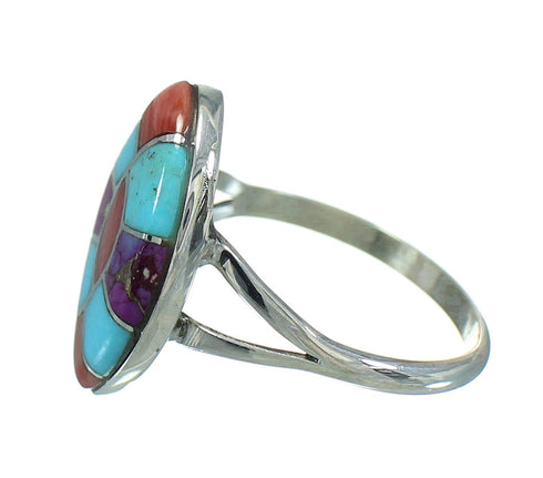 Southwestern Multicolor Inlay Sterling Silver Ring Size 7-1/4 QX71018