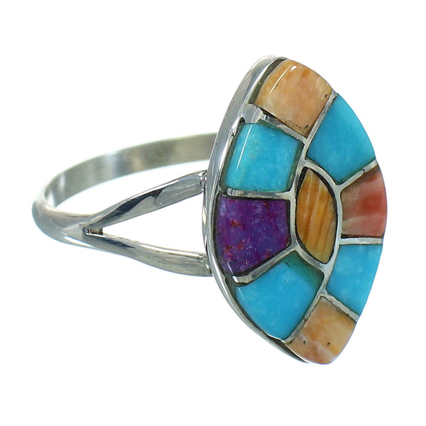 Southwest Multicolor Inlay Genuine Sterling Silver Ring Size 7-1/4 QX71026