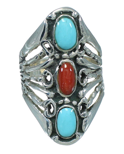Southwestern Turquoise And Coral Sterling Silver Ring Size 6-1/4 WX82467