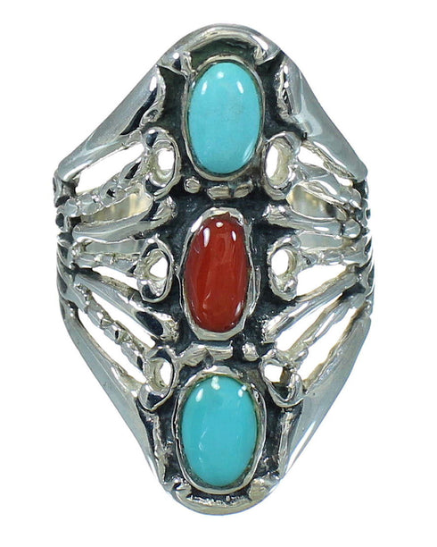 Southwest Sterling Silver Coral And Turquoise Ring Size 7-3/4 WX82505