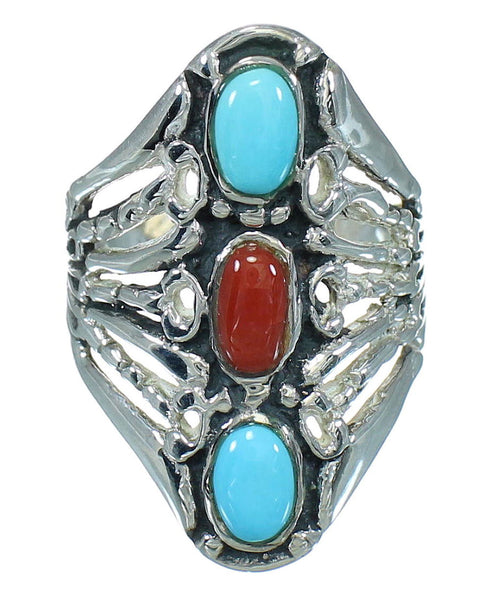 Sterling Silver Southwestern Coral And Turquoise Ring Size 7-1/2 WX82535