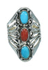 Southwest Coral And Turquoise Genuine Sterling Silver Ring Size 5 WX82547