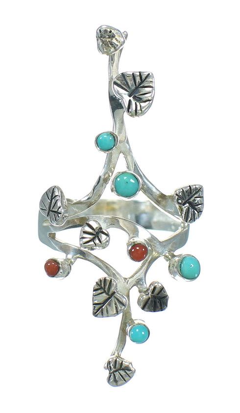 Southwest Silver Coral And Turquoise Ring Size 7-3/4 WX82685