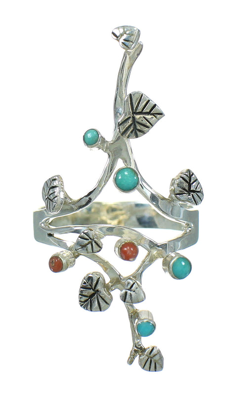 Silver Turquoise And Coral Southwestern Ring Size 8-3/4 WX82723