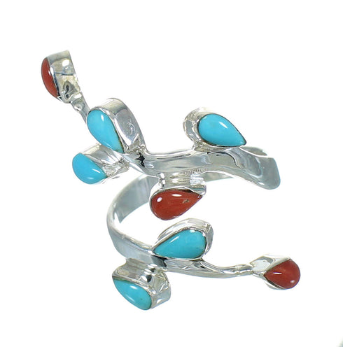 Southwestern Turquoise Coral Authentic Sterling Silver Ring Size 7-1/4 QX82871