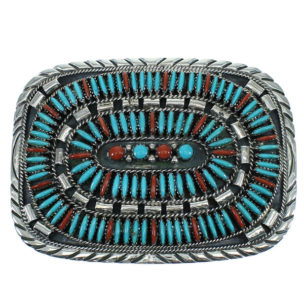 Sterling Silver Turquoise And Coral Needlepoint Belt Buckle VX64691