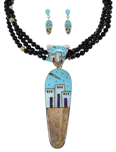 Native American Pueblo Design Multicolor Sterling Silver Necklace And Earring Set WX65801