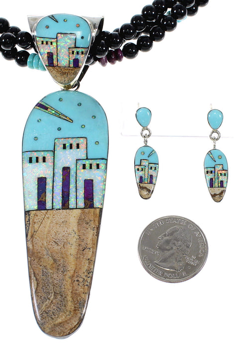 Native American Pueblo Design Multicolor Sterling Silver Necklace And Earring Set WX65801