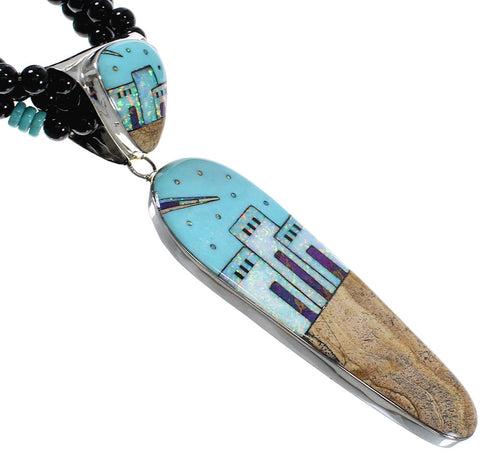 Native American Pueblo Design Multicolor Sterling Silver Necklace And Earring Set WX65801