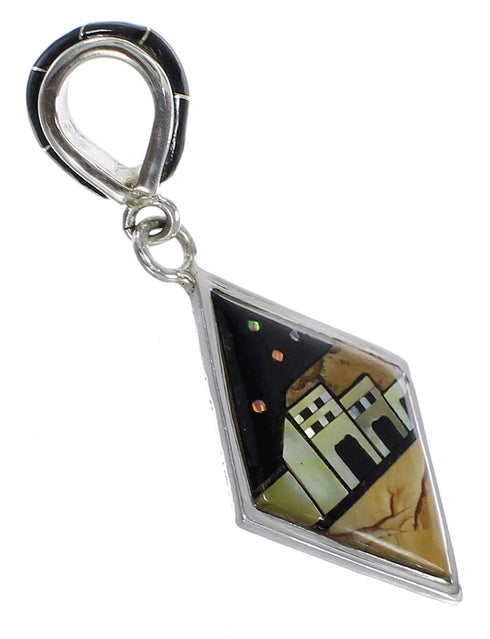 Native American Village Or Pueblo Design Multicolor Inlay Silver Pendant MX64911