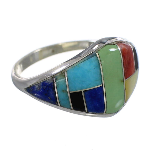 Southwestern Sterling Silver Multicolor Inlay Ring Size 7-1/4 QX75200