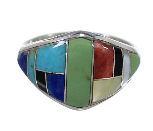 Southwestern Sterling Silver Multicolor Inlay Ring Size 7-1/4 QX75200