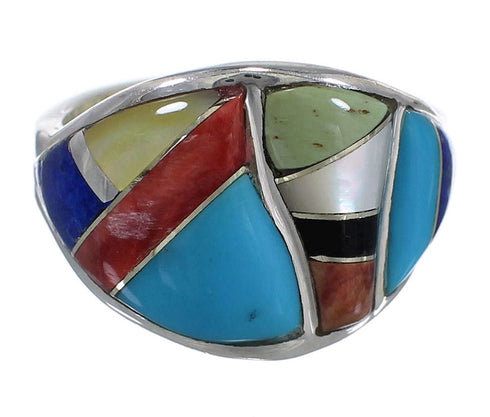 Southwestern Multicolor Inlay Silver Ring Size 6-3/4 QX75220