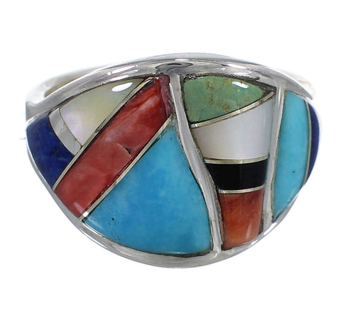 Southwestern Multicolor Inlay Genuine Sterling Silver Ring Size 8-1/2 QX75228