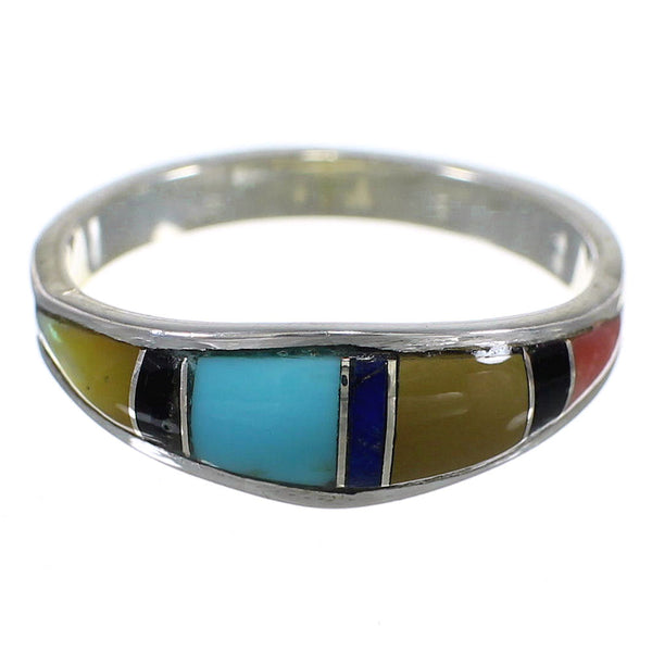 Southwestern Multicolor Inlay Authentic Sterling Silver Ring Size 8-1/4 QX77932