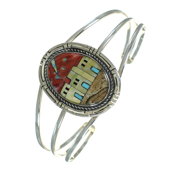 Sterling Silver Multicolor Inlay Native American Village Design Bracelet RX69132