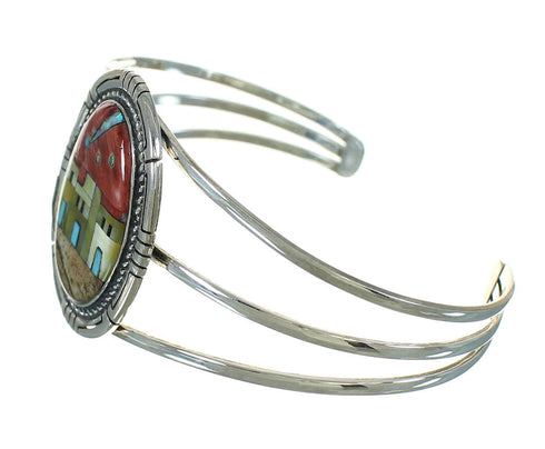 Sterling Silver Multicolor Inlay Native American Village Design Bracelet RX69132