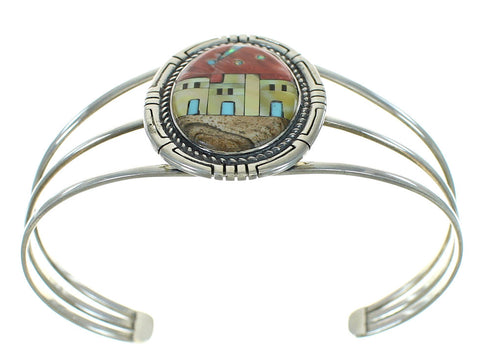 Sterling Silver Multicolor Inlay Native American Village Design Bracelet RX69132