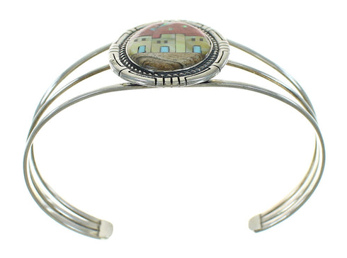 Sterling Silver Multicolor Inlay Native American Village Design Bracelet RX69132
