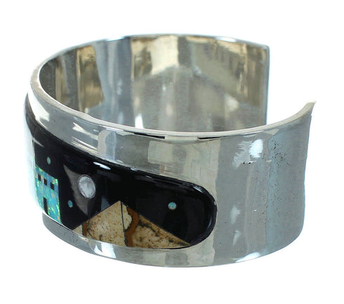 Sterling Silver Multicolor Inlay Native American Pueblo Design Cuff Bracelet RX69137