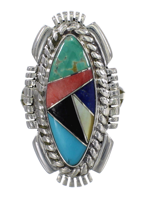 Sterling Silver Southwestern Multicolor Inlay Ring Size 7-1/4 QX77487