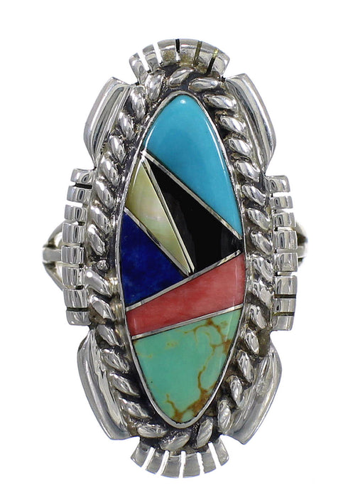 Southwest Sterling Silver Multicolor Inlay Ring Size 7-1/4 QX77770