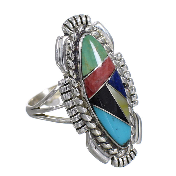 Multicolor Inlay Silver Southwestern Ring Size 8 QX77778