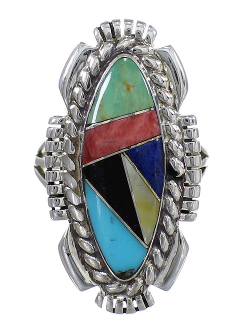 Multicolor Inlay Silver Southwestern Ring Size 8 QX77778