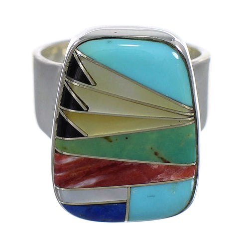 Southwestern Multicolor Inlay Genuine Sterling Silver Ring Size 4-3/4 QX77850