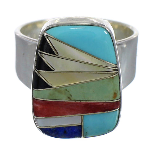 Southwest Silver Multicolor Inlay Jewelry Ring Size 7-1/2 QX77864