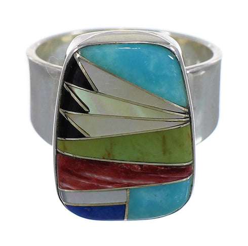 Southwestern Silver Multicolor Inlay Jewelry Ring Size 5-3/4 QX77867