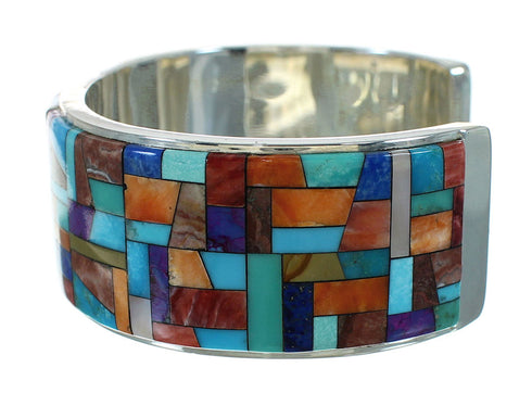 Genuine Sterling Silver Multicolor Inlay Southwest Cuff Bracelet AX78084