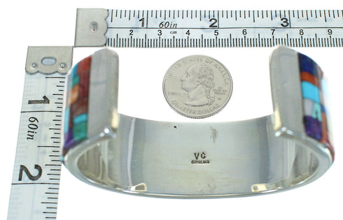 Genuine Sterling Silver Multicolor Inlay Southwest Cuff Bracelet AX78084