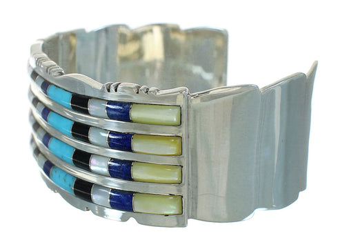 Genuine Sterling Silver Southwestern Multicolor Inlay Cuff Bracelet AX78089