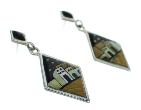 Native American Village Design Multicolor Silver Post Dangle Earrings AX81237
