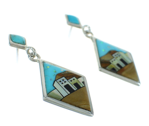 Silver Native American Pueblo Design Multicolor Post Dangle Earrings AX81252