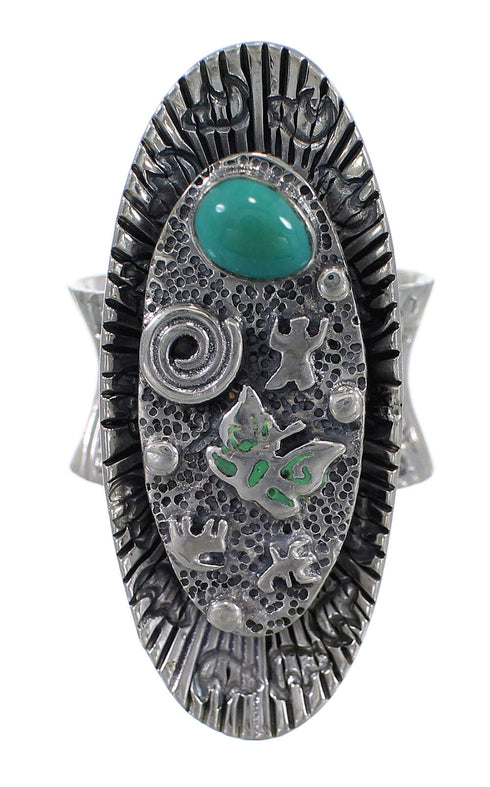Turquoise And Sterling Silver Southwestern Water Wave Bear Ring Size 7-1/2 WX81025
