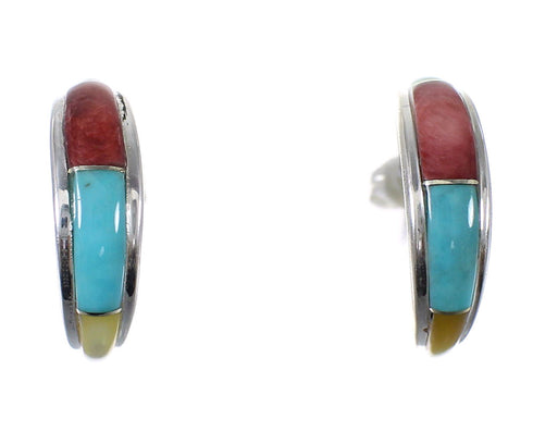Southwestern Authentic Sterling Silver Multicolor Post Hoop Earrings QX72472