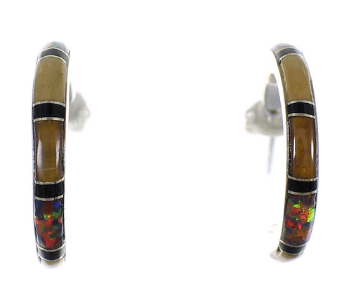 Sterling Silver Multicolor Inlay Southwestern Post Hoop Earrings RX65591