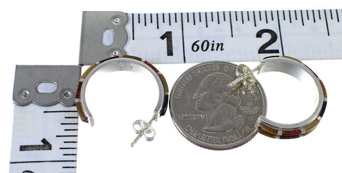 Southwestern Multicolor Authentic Sterling Silver Post Hoop Earrings RX65607