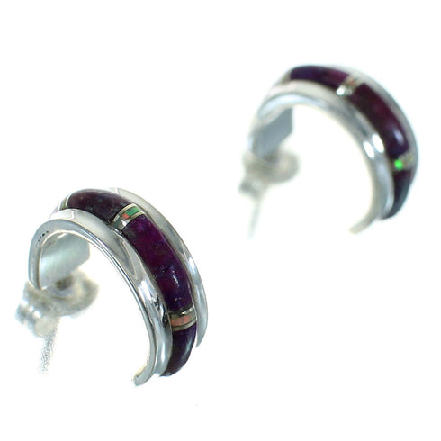 Opal Magenta Turquoise Inlay Genuine Sterling Silver Post Hoop Earrings RX66319