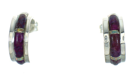 Opal Magenta Turquoise Inlay Genuine Sterling Silver Post Hoop Earrings RX66319