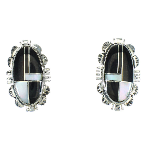 Jet Mother Of Pearl Inlay Sterling Silver Post Earrings RX66416
