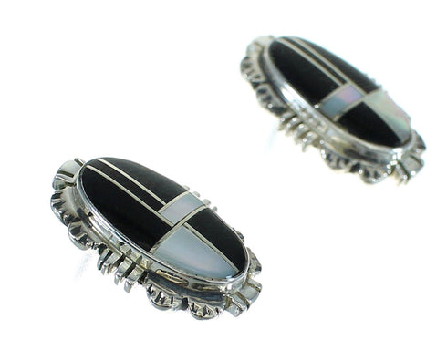 Jet Mother Of Pearl Inlay Sterling Silver Post Earrings RX66416
