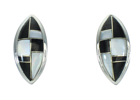 Genuine Sterling Silver Jet Mother Of Pearl Inlay Post Earrings RX66423