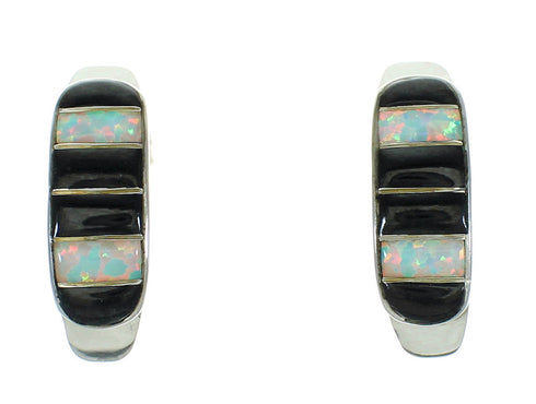 Sterling Silver Jet Opal Inlay Post Hoop Earrings RX65714