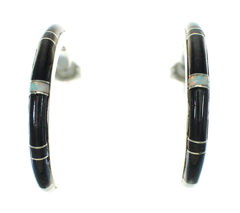 Genuine Sterling Silver Jet Opal Inlay Post Hoop Earrings RX65720
