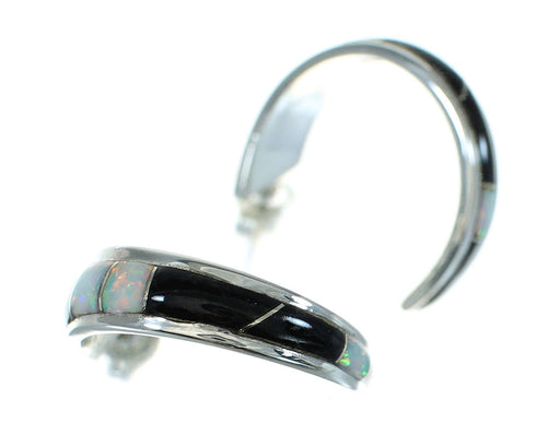 Southwest Authentic Sterling Silver Jet Opal Post Hoop Earrings RX65738