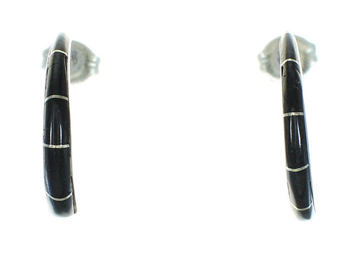 Southwestern Sterling Silver Jet Inlay Post Hoop Earrings RX65742